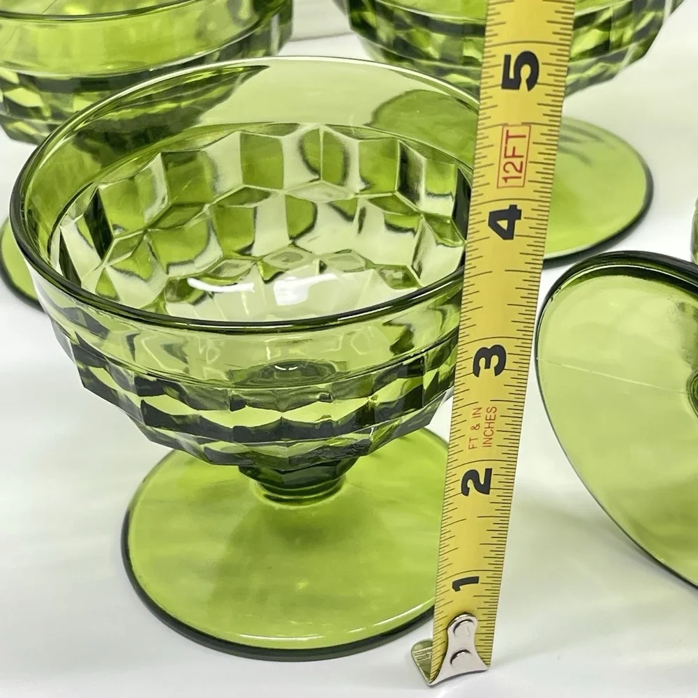 Vtg Indiana Glass Avocado Green‎ Footed Cubist Sherbet Dessert Dishes Lot of 4